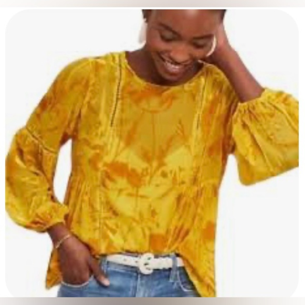 Anthropologie Meadow Rue boho sheer top with flocked velvet, yellow peasant top